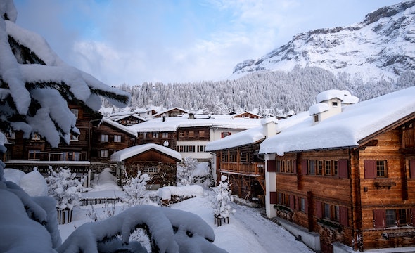 A picture of warm wood Swiss chalets with blankets of snow on the roofs climbing a mountain covered with trees and inches of snow. With snowy tree branches in the foreground and wispy clouds in the background.